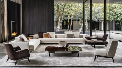 Fototapeta premium A functional and stylish cubic wooden coffee table placed between white sofa and armchairs in a modern Scandinavian living room with neutral tones.