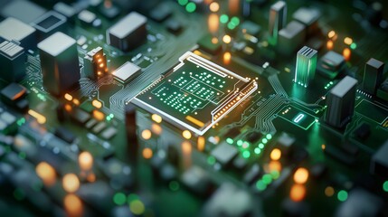 Obraz premium The Heart of Innovation: A close-up, 3D rendering of a glowing, illuminated processor chip at the center of a complex, futuristic motherboard.