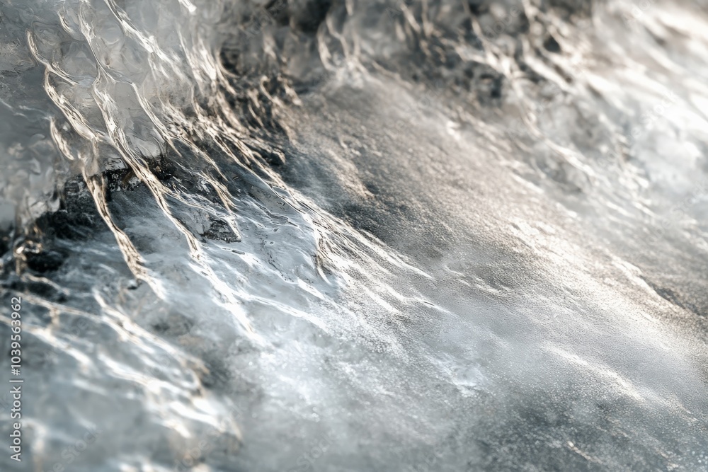 Poster This image captures a close-up view of intricate icy textures, showcasing a mesmerizing blend of frozen formations and delicate patterns in a natural setting.