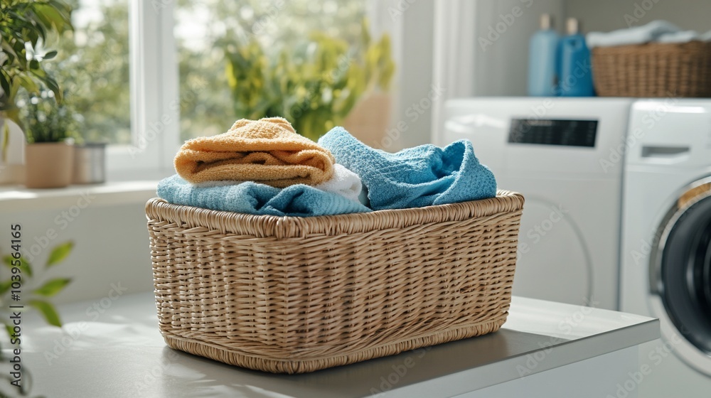 Poster a wicker basket filled with folded laundry sits on a countertop in a laundry room.