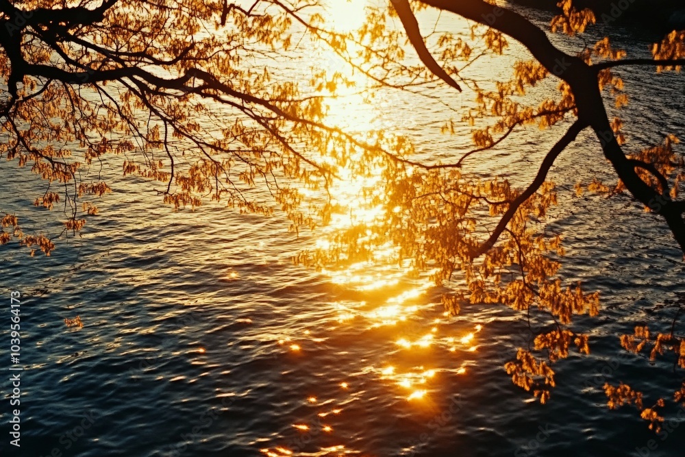 Poster a breathtaking view of a sunset reflecting golden hues on the water's surface, framed by silhouetted