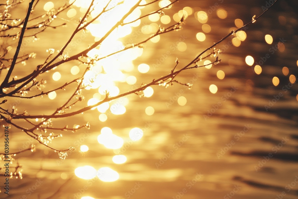 Poster Tree branches catching sunlight create a bokeh effect on the shimmering waterfront, evoking a sense of wonder and tranquility in the golden light.