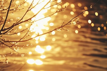 Tree branches catching sunlight create a bokeh effect on the shimmering waterfront, evoking a sense of wonder and tranquility in the golden light.