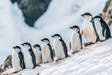Obraz premium A charming line-up of penguins stands playfully in unison on a snowy slope, illustrating camaraderie and survival amidst the stark, chilled backdrop of their icy habitat.