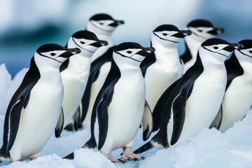 Fototapeta premium A vibrant group of chinstrap penguins standing together on an icy surface in Antarctica, showcasing the harmonious interaction among their species in the cold environment.