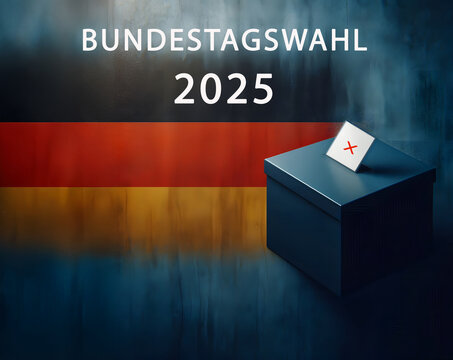 Bundestagswahl 2025, dunkelblaue Vorlage, Hintergrund mit Text und Wahlurne, Deutschlandfarben