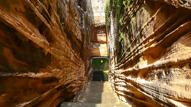 View of Adi Kadi Vav or Stepwell, believed to have been constructed around the 10th-11th century, Uparkot Fort, Junagadh, Gujarat, India.