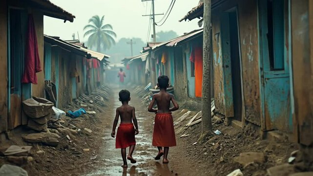 A crowded slum with makeshift houses and laundry on the lines. It's chaotic, but life is busy. It shows the chaos of slum life and the resilience of its residents.