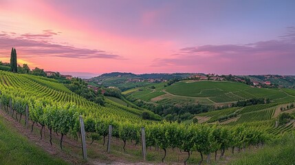 Naklejka premium Emilia Romagna Vinery Landscape at Sunset: Vineyards, Wine, and Nature in Levizzano Rangone, Modena Province, Italy