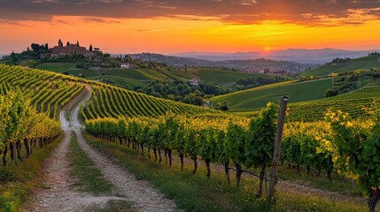Naklejka premium Emilia Romagna Vineyard Landscape at Sunset in Levizzano Rangone, Modena Province