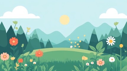 Fototapeta premium Flat Illustration of Mountain Landscape with Blooming Flowers