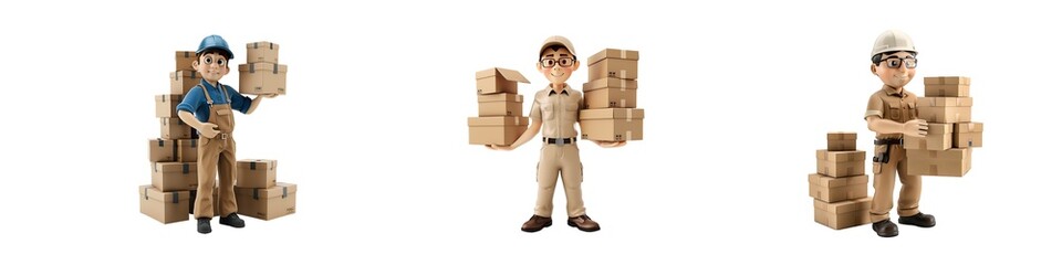 Set of 3D Delivery man holding pile of cardboard boxes isolated on transparent background