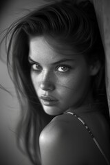 Naklejka premium A captivating black and white portrait of a freckled woman with an intense expression.