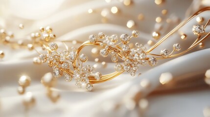 Fototapeta premium Exquisite 3D gold jewelry adorned shimmering gemstones floating elegantly on a soft minimalistic background designed with sleek modern lines and delicate stone settings