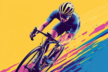 A Cyclist in Motion Against a Vibrant Yellow and Blue Background