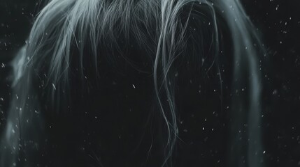 Naklejka premium A monochrome image of a woman with long tresses and closed eyes amidst falling snow