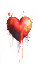 Heart drawn with red paint, splashes, blot and drops of red paint on paper