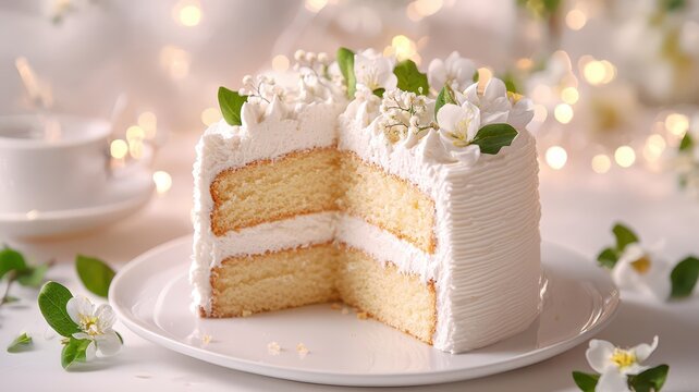 Elegant wedding cake slice adorned with delicate icing and beautiful floral decorations, showcasing a moist, delicious treat.