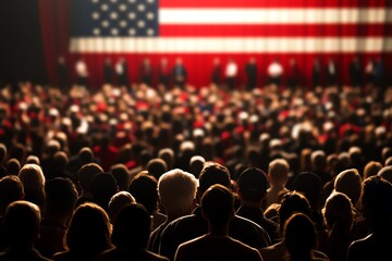 Audience at a political rally with American flag in background, captured in a crowd perspective.