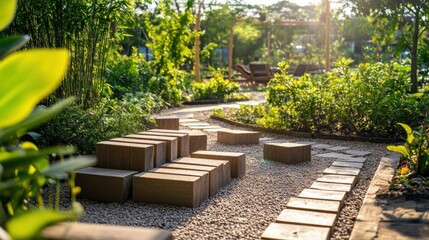 A therapeutic garden with patients using blocks for sensory integration activities, Blocks arranged in calming patterns, Sensory therapy style