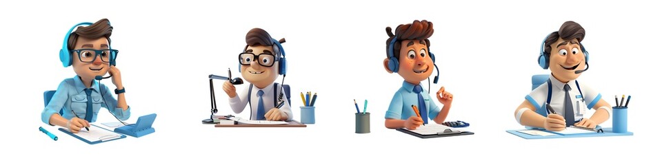 Set of 3D sales agent jotting down notes isolated on transparent background