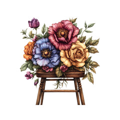 Obraz premium Watercolor Floral Bouquet on a Wooden Stool