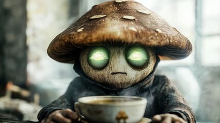 Obraz premium A tight shot of a person with green eyes gazing into the distance, holding a steaming mug of coffee adorned with a perched mushroom