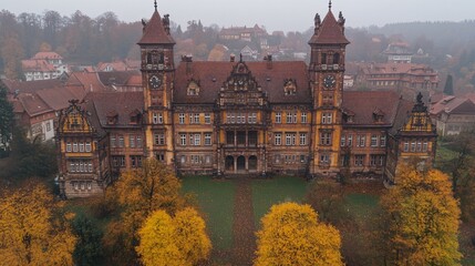 Obraz premium A majestic, historic mansion framed by autumn trees, showcasing intricate architecture and a nostalgic landscape under a gray sky.