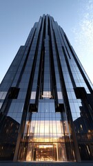 Modern skyscraper with sleek glass panels, reflecting the sky and showcasing sharp, clean architectural aesthetics.