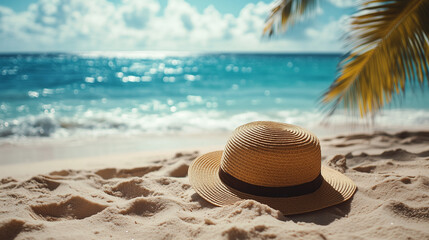 Hat on the exotic, sandy beach near the transparent blue water of ocean. Travel, tourism, holidays concept.