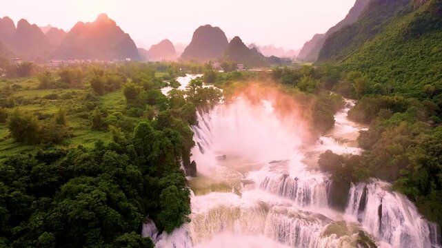 Aerial view of Ban Gioc Detian waterfall in Vietnam China border. The most beautiful and largest waterfall in Southeast Asia.