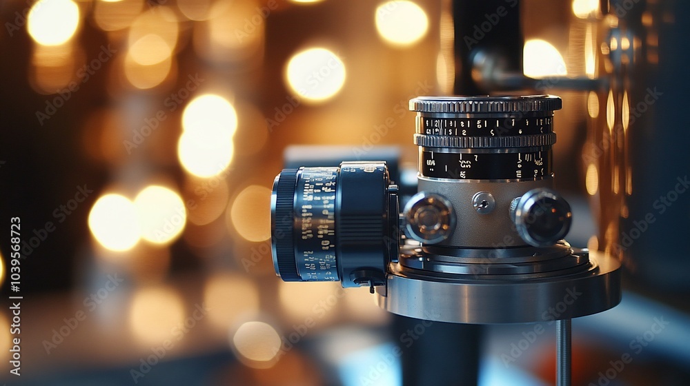Poster close-up of a vintage camera lens with a blurred background of lights.