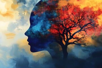 A surreal silhouette of a woman with a vibrant tree inside, surrounded by fiery hues, symbolizing creativity, transformation, and the fusion of emotions and nature.