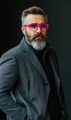 Obraz premium A man wearing a suit and bright pink glasses.
