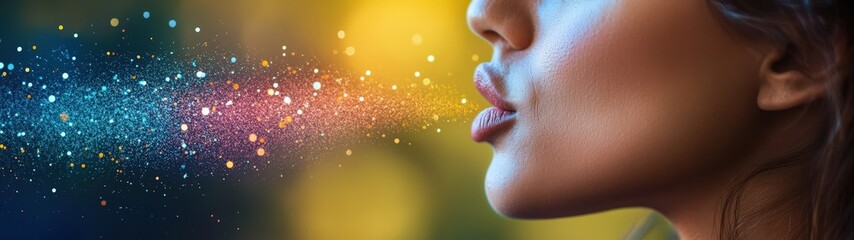 A woman exhales colorful particles, symbolizing creativity and imagination in a vibrant atmosphere. Perfect for artistic themes.