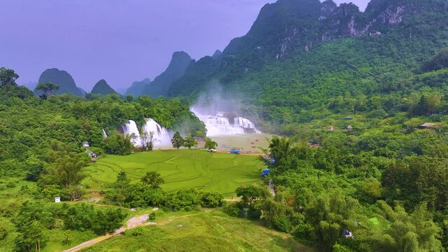 Aerial view of Ban Gioc Detian waterfall in Vietnam China border. The most beautiful and largest waterfall in Southeast Asia.