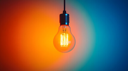 A glowing light bulb hangs against a vibrant orange and blue background, creating an inviting atmosphere.