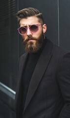 Obraz premium Man with beard wearing black suit and pink sunglasses.