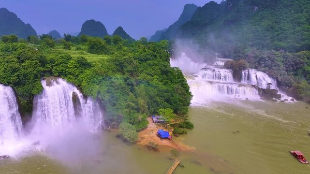 Aerial view of Ban Gioc Detian waterfall in Vietnam China border. The most beautiful and largest waterfall in Southeast Asia.
