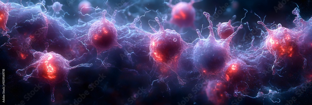 Poster microscopic particles swirling in a cyberpunk-inspired digital the intricate and dynamic nature of m