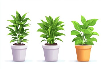 Fototapeta premium Minimalist illustration of three potted plants in various stages of growth symbolizing plant care growth and eco friendly home decor practices