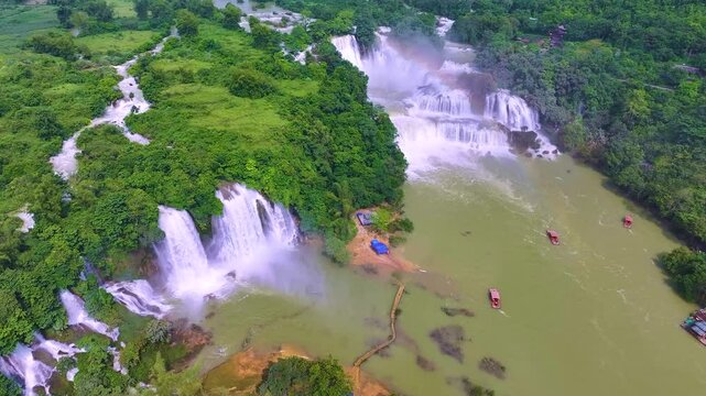 Aerial view of Ban Gioc Detian waterfall in Vietnam China border. The most beautiful and largest waterfall in Southeast Asia.