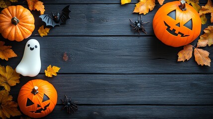 A festive Halloween background with pumpkins, ghosts, bats, and spiders on a black wooden surface.