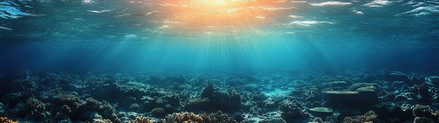 Fototapeta premium Breathtaking underwater scene showcasing vibrant coral reefs and shimmering light rays filtering through the ocean surface.
