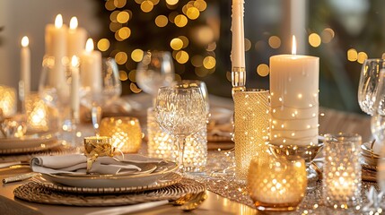 A beautifully decorated table for a festive dinner with candles, glasses, and a sparkling runner, with warm light and soft focus.