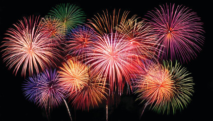 Colorful fireworks festival happy new year black background, abstract energy with motion