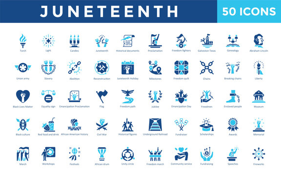 Juneteenth icon set with torch, light, candles, historical documents, proclamation, freedom fighters, galveston texas, genealogy icon. Simple flat vector 

