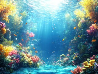 Naklejka premium Breathtaking underwater scene showcasing vibrant coral reefs, colorful fish, and shimmering sunlight filtering through water.
