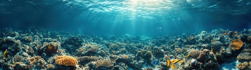 Obraz premium Breathtaking underwater scene showcasing vibrant coral reefs illuminated by sunlight, perfect for ocean and nature enthusiasts.