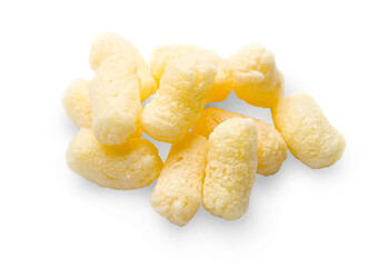 Crunchy corn snacks on white background